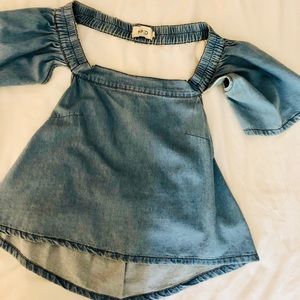 off the should blue Jean top